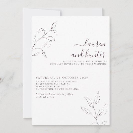 Invitation Plum moderne violet floral Mariage de script (Devant)
