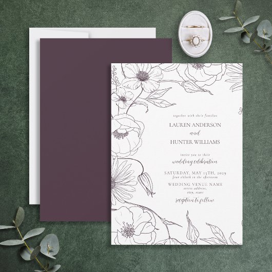 Invitation Plum moderne violet ligne Art Mariage Floral