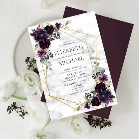 Invitation Plum moderne violet marbre géométrique Mariage flo