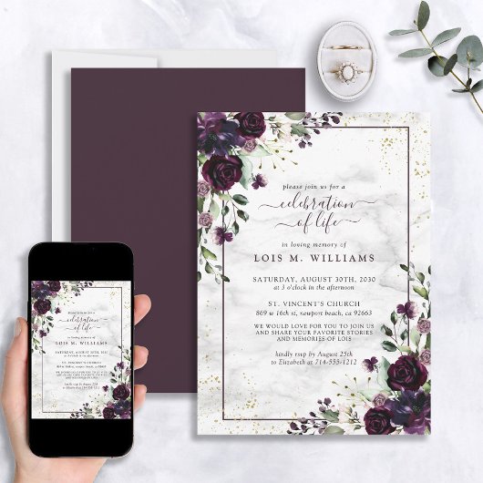 Invitation Plum moderne violet or marbre Célébration de la vi