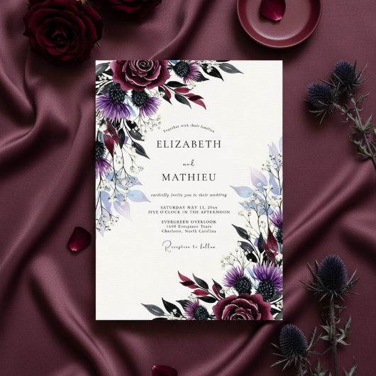 Invitation Plum Moody Thistle Winter Wedding