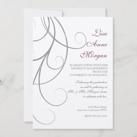 Invitation Plum n Silver Leaf Swirl Damask 2 Graduation (Devant)