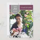 Invitation Plum n Silver Leaf Swirl Damask 2 Graduation (Dos)