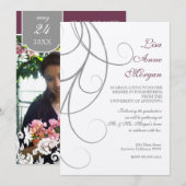 Invitation Plum n Silver Leaf Swirl Damask 2 Graduation (Devant / Derrière)
