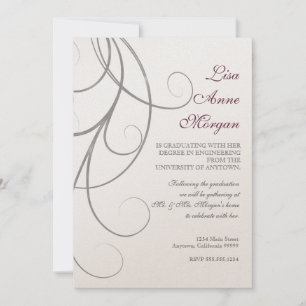 Invitation Plum n Silver Leaf Swirl Damask 2 Graduation