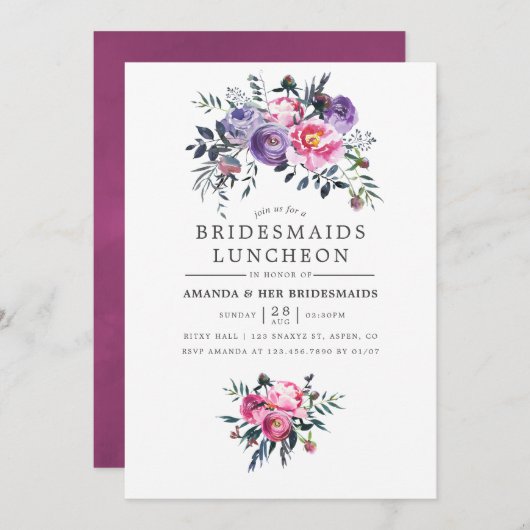 Invitation Plum & Pink Aquarelle Floral Bridesmaiers Déjeuner (Devant / Derrière)
