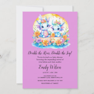 INVITATION PLUM PINK RAINBOU FLORAL DRAGONS TWINS BABY SHOWER