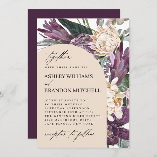 Invitation Plum pourpre Boho Mariage floral tropical (Devant / Derrière)