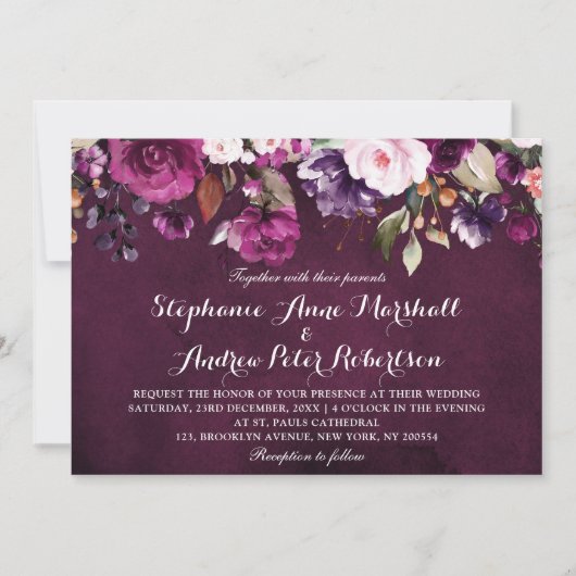 Invitation Plum pourpre Bourgogne Aquarelle Florale Rustique (Devant)