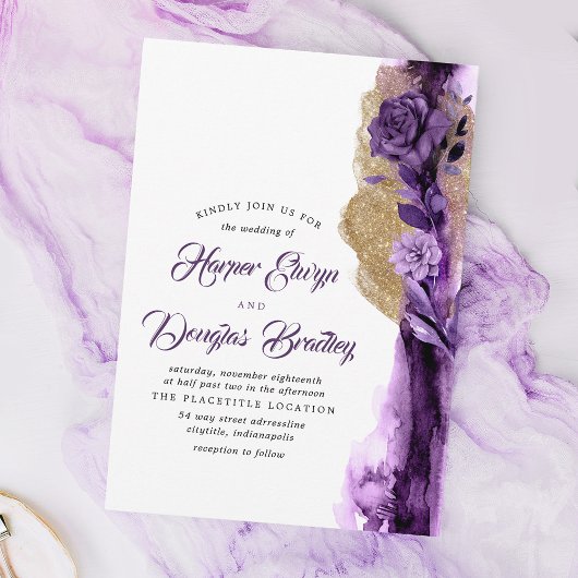 Invitation Plum pourpre - Mariage d'aubergine et or