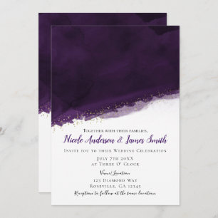 Invitation Plum Purple Aquarelle & Or Moderne Mariage chic