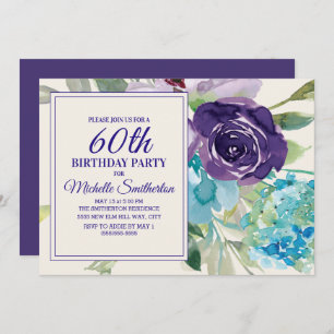 Invitation Plum Purple Bleu Aquarelle Florale 60e anniversair
