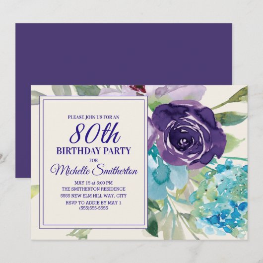 Invitation Plum Purple Bleu Aquarelle Florale 80e anniversair (Devant / Derrière)