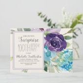 Invitation Plum Purple Bleu Floral Surprise 100e anniversaire (Debout devant)