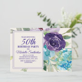 Invitation Plum Purple Blue Aquarelle Floral 50e anniversaire (Debout devant)