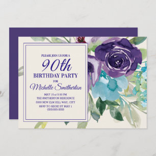 Invitation Plum Purple Blue Aquarelle Florale 90e anniversair