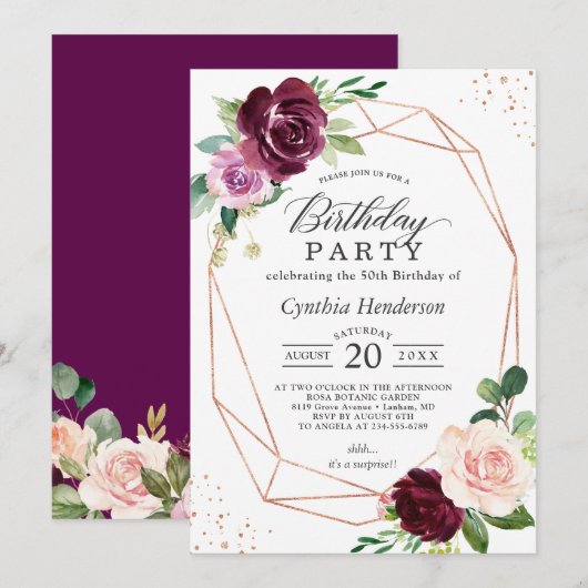 Invitation Plum Purple Blush Floral moderne fête d'anniversai (Devant / Derrière)