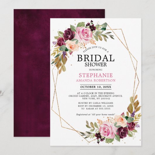 Invitation Plum Purple Blush rose Fête des mariées florale (Devant / Derrière)