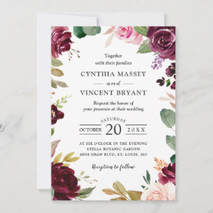 Invitation Plum Purple Bourgogne Blush Floral Mariage