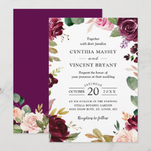 Invitation Plum Purple Bourgogne Blush Floral Mariage