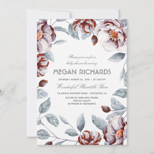 Invitation Plum Purple Floral Aquarelle Boho Baby shower (Devant)