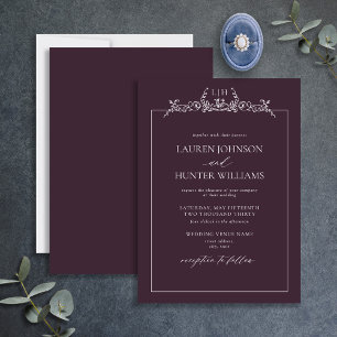Invitation Plum Purple Floral Bordure Monogramme Mariage