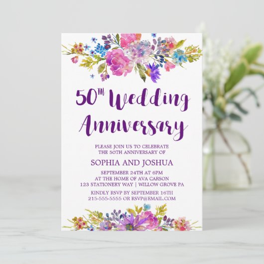 Invitation Plum Purple Garden 50e fête Mariage Anniversaire (Debout devant)