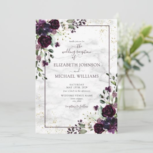 Invitation Plum Purple Gold Watercolor Marble Fall Reception (Debout devant)
