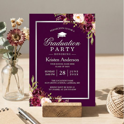 Invitation Plum Purple Rustique Floral Parti de Graduation