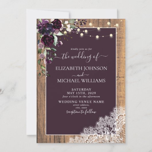 Invitation Plum Purple Rustique Script dentelle Mariage photo (Devant)