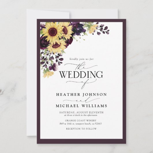 Invitation Plum Purple Sunflower Aquarelle Script Mariage (Devant)