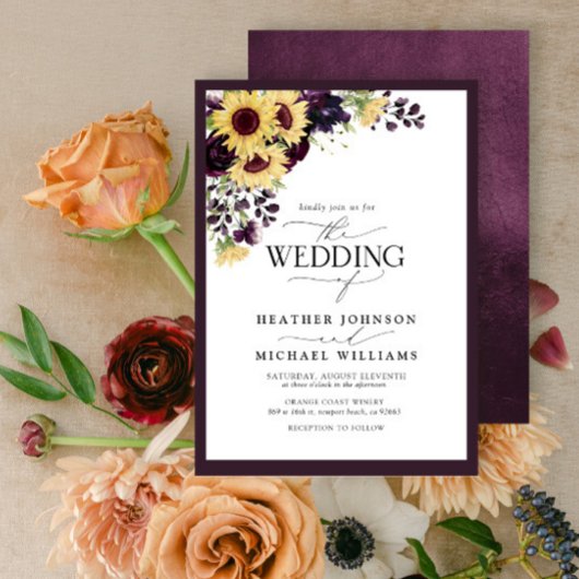Invitation Plum Purple Sunflower Aquarelle Script Mariage
