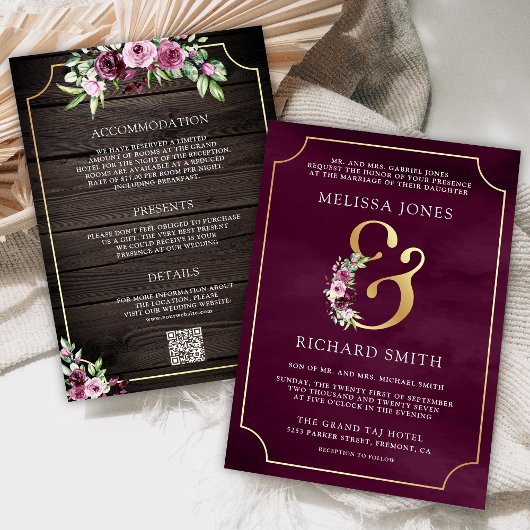 Invitation Plum rose Ampersand Floral Bois QR Code Mariage