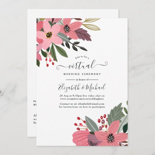 Invitation Plum rose et or Floral en ligne Mariage virtuel (Devant / Derrière)