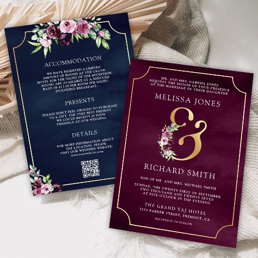 Invitation Plum rose Floral Ampersand Navy QR Code Mariage