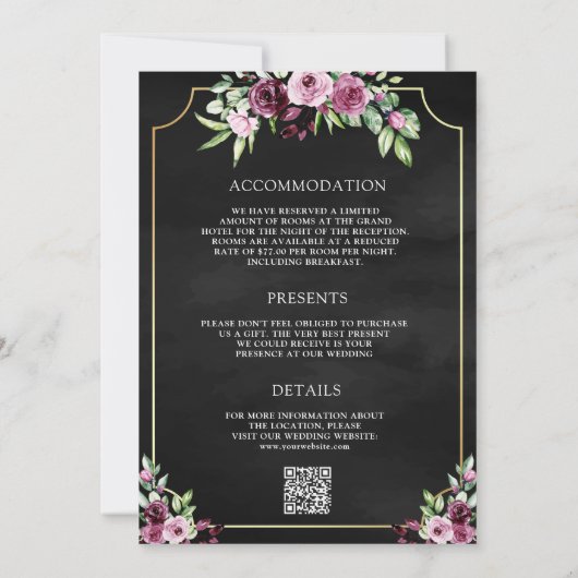 Invitation Plum rose Plum Floral Ampersand noir QR Code Maria (Dos)