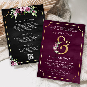 Invitation Plum rose Plum Floral Ampersand noir QR Code Maria