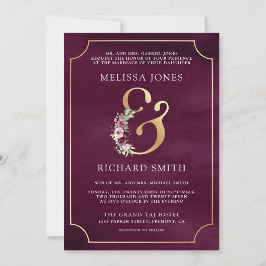 Invitation Plum rose Plum Floral Ampersand QR Code Mariage (Devant)