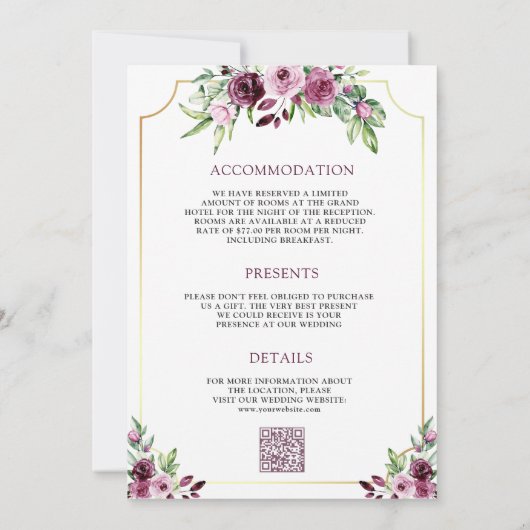 Invitation Plum rose Plum Floral Ampersand QR Code Mariage (Dos)