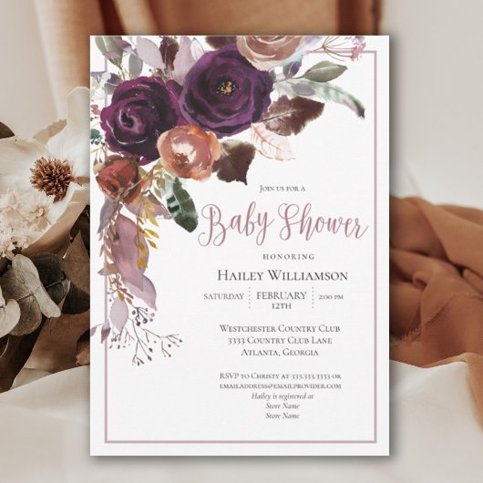 Invitation Plum, rose, violet chaîne de fleurs Baby shower