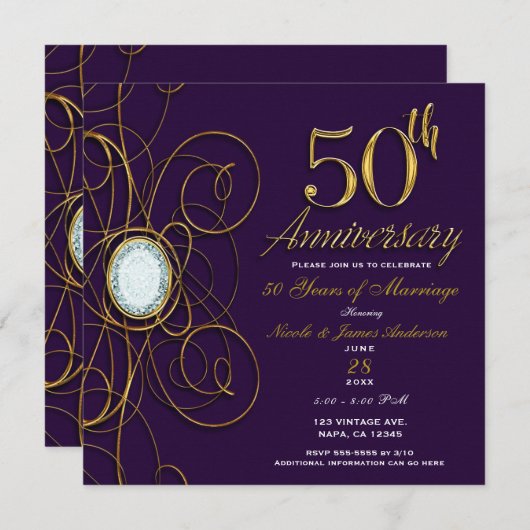 Invitation Plum Royal Purple Gold Diamond 50 50e anniversaire (Devant / Derrière)