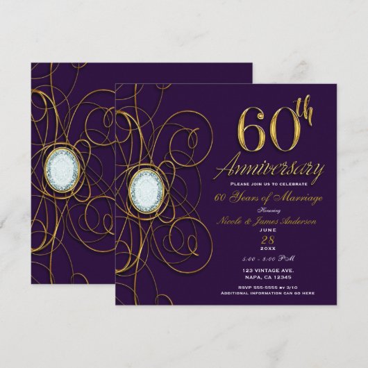Invitation Plum Royal Purple Gold Diamond 60 60e anniversaire (Devant / Derrière)