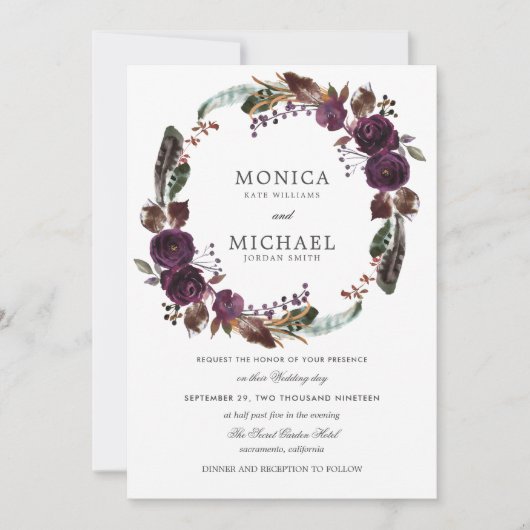Invitation Plum rustique | Boho d'automne mariage floral de c (Devant)