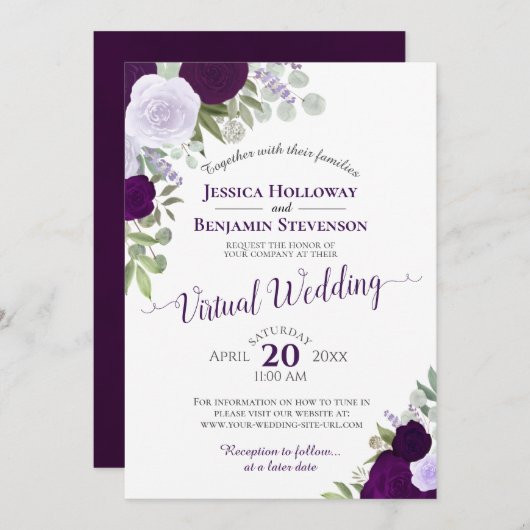 Invitation Plum rustique et Mariage virtuel à fleurs pourpres (Devant / Derrière)