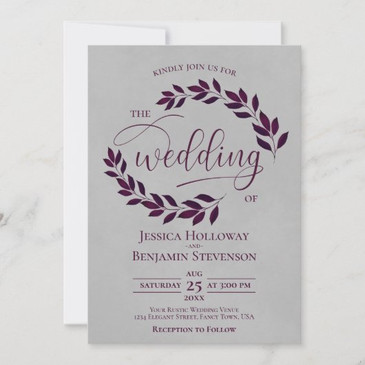 Invitation Plum rustique violet Feuilles Élégant gris Mariage (Devant)