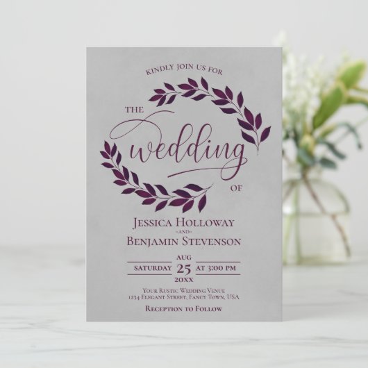 Invitation Plum rustique violet Feuilles Élégant gris Mariage (Debout devant)