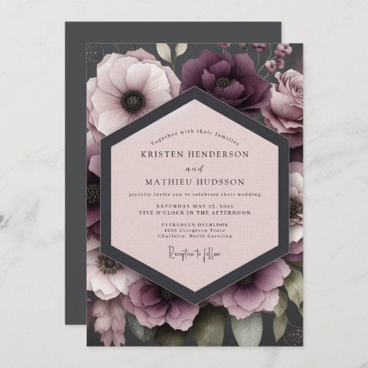 Invitation Plum Somber Anemone Wedding (Devant / Derrière)