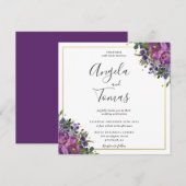 Invitation Plum violet Floral Carré Mariage or (Devant / Derrière)