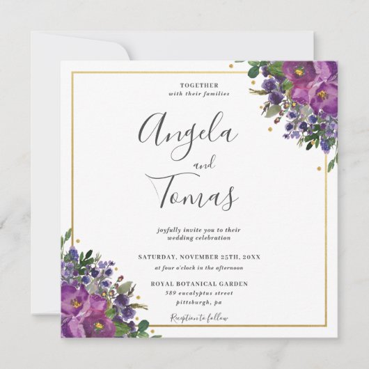 Invitation Plum violet Floral Carré Mariage or (Devant)