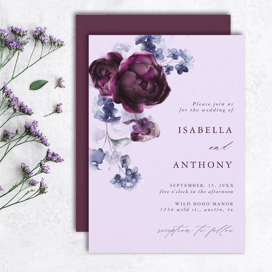 Invitation Plum violet & Indigo Bleu Élégant Mariage floral